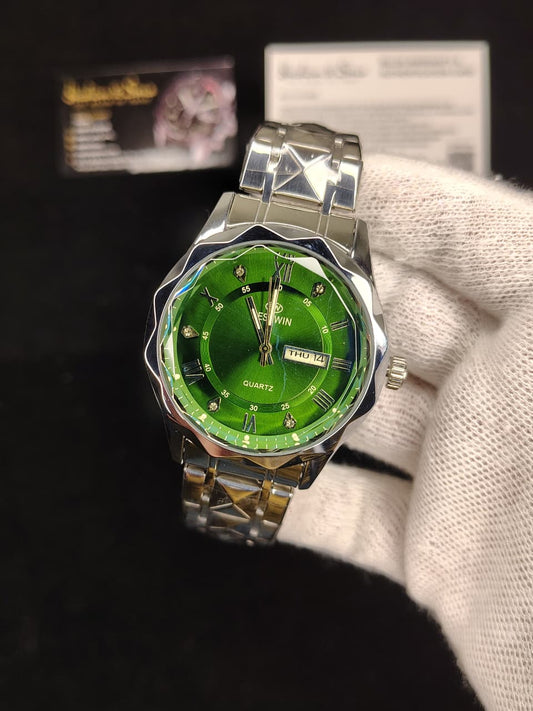 Ceramic Day & Date Watch (Silver Green)