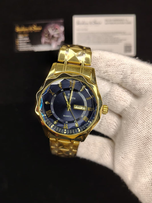 Ceramic Day & Date Watch (Golden Blue)